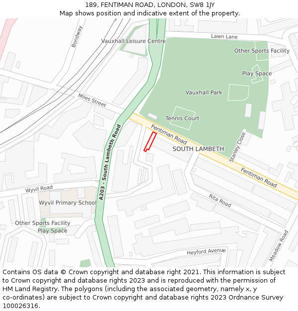 189, FENTIMAN ROAD, LONDON, SW8 1JY: Location map and indicative extent of plot