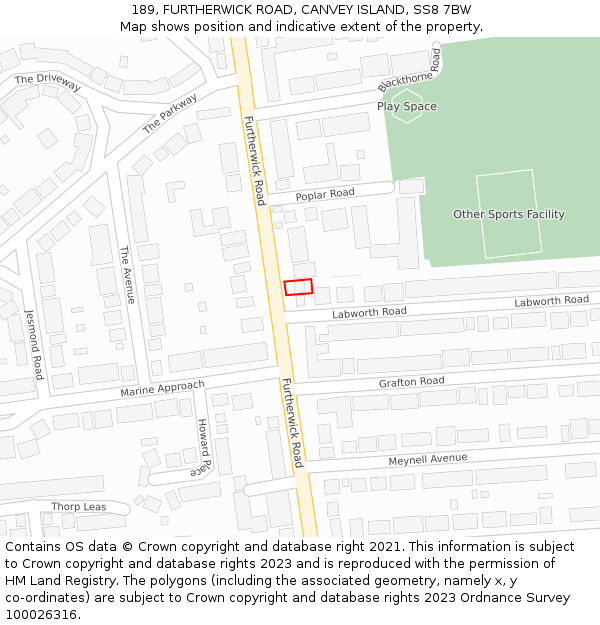 189, FURTHERWICK ROAD, CANVEY ISLAND, SS8 7BW: Location map and indicative extent of plot