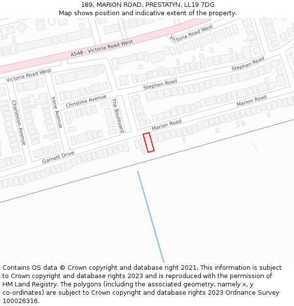 189, MARION ROAD, PRESTATYN, LL19 7DG: Location map and indicative extent of plot