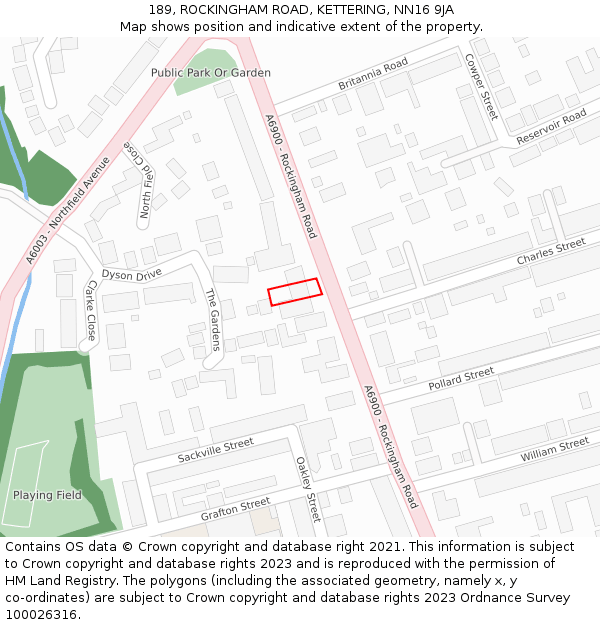 189, ROCKINGHAM ROAD, KETTERING, NN16 9JA: Location map and indicative extent of plot