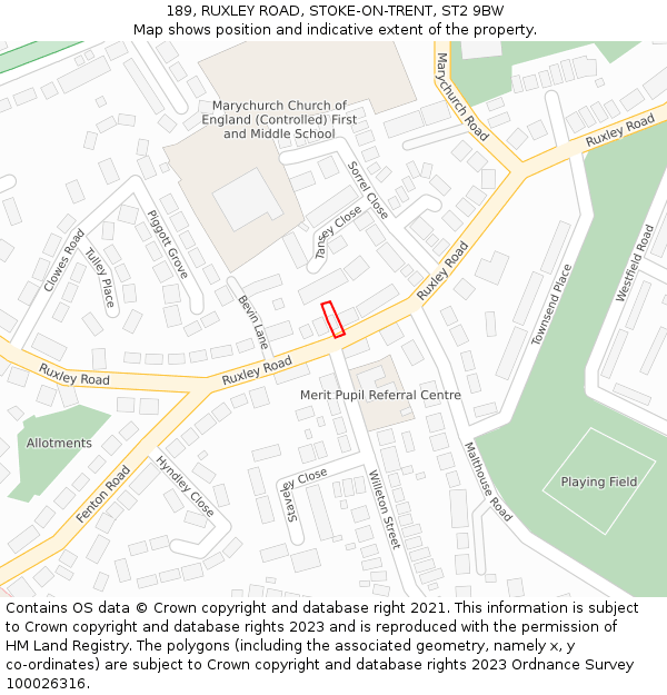 189, RUXLEY ROAD, STOKE-ON-TRENT, ST2 9BW: Location map and indicative extent of plot