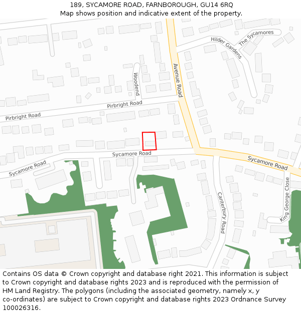 189, SYCAMORE ROAD, FARNBOROUGH, GU14 6RQ: Location map and indicative extent of plot