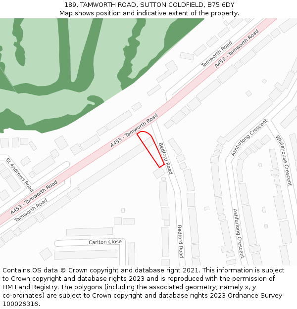 189, TAMWORTH ROAD, SUTTON COLDFIELD, B75 6DY: Location map and indicative extent of plot