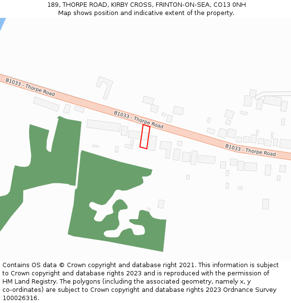 189, THORPE ROAD, KIRBY CROSS, FRINTON-ON-SEA, CO13 0NH: Location map and indicative extent of plot