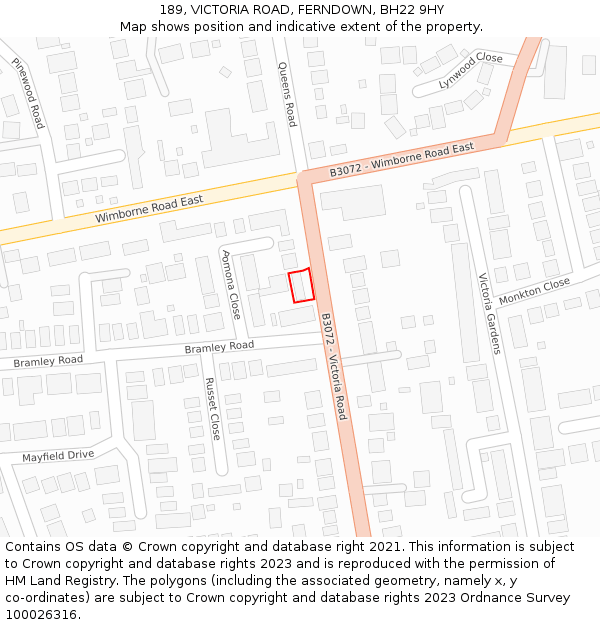 189, VICTORIA ROAD, FERNDOWN, BH22 9HY: Location map and indicative extent of plot