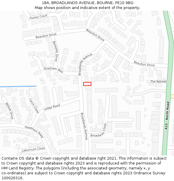 18A, BROADLANDS AVENUE, BOURNE, PE10 9BG: Location map and indicative extent of plot
