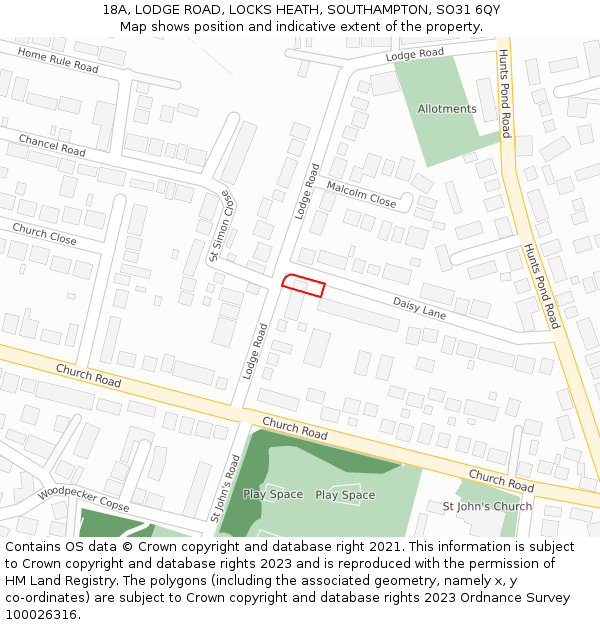 18A, LODGE ROAD, LOCKS HEATH, SOUTHAMPTON, SO31 6QY: Location map and indicative extent of plot