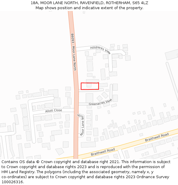 18A, MOOR LANE NORTH, RAVENFIELD, ROTHERHAM, S65 4LZ: Location map and indicative extent of plot