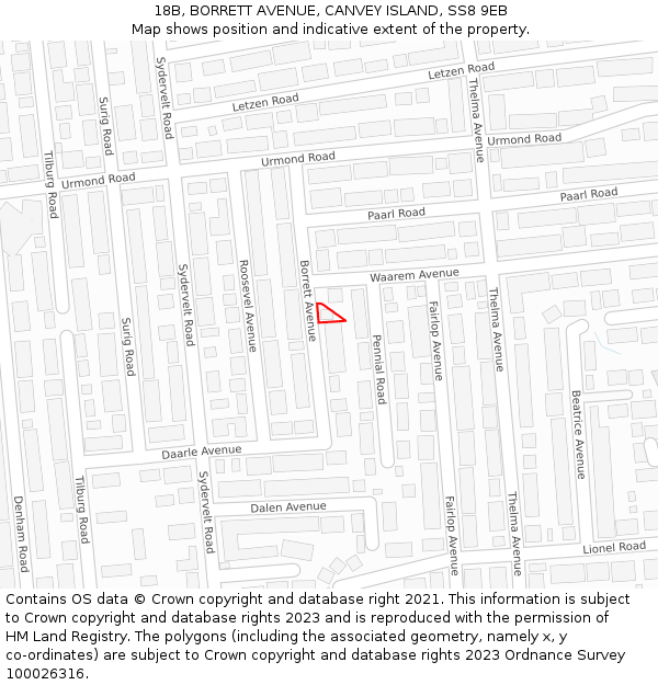 18B, BORRETT AVENUE, CANVEY ISLAND, SS8 9EB: Location map and indicative extent of plot