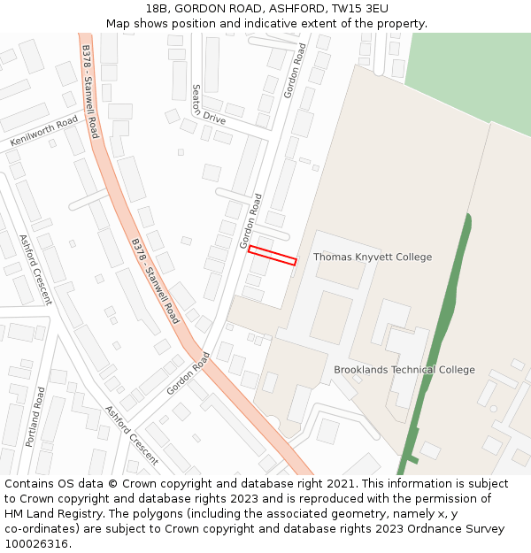 18B, GORDON ROAD, ASHFORD, TW15 3EU: Location map and indicative extent of plot