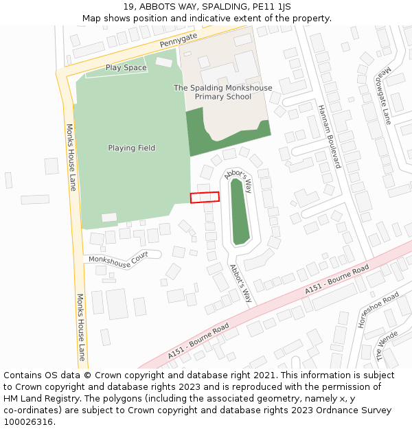 19, ABBOTS WAY, SPALDING, PE11 1JS: Location map and indicative extent of plot