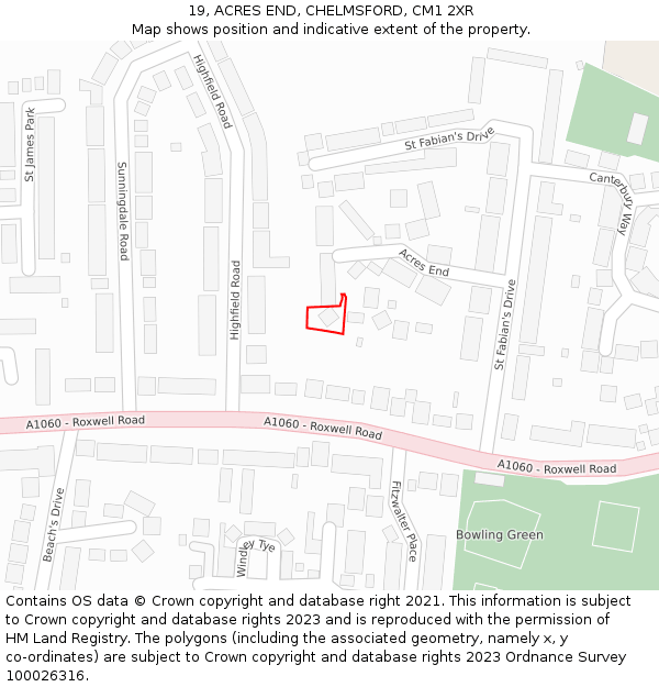 19, ACRES END, CHELMSFORD, CM1 2XR: Location map and indicative extent of plot