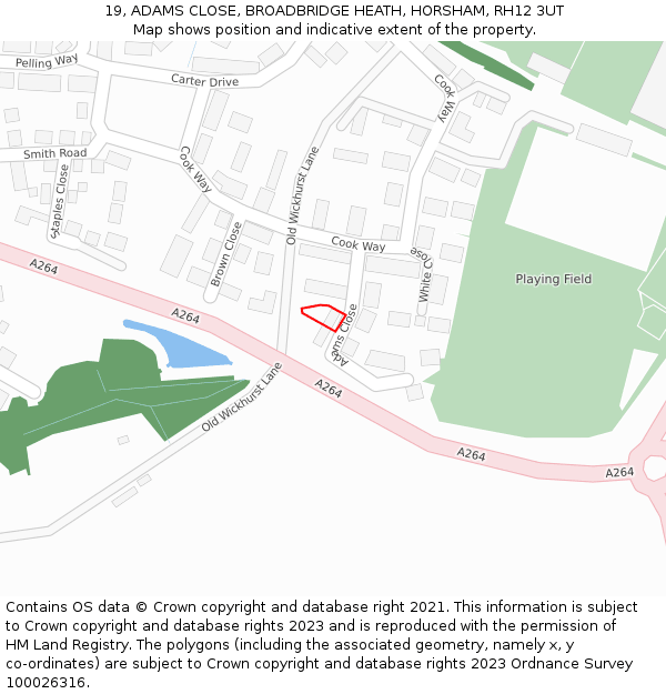 19, ADAMS CLOSE, BROADBRIDGE HEATH, HORSHAM, RH12 3UT: Location map and indicative extent of plot