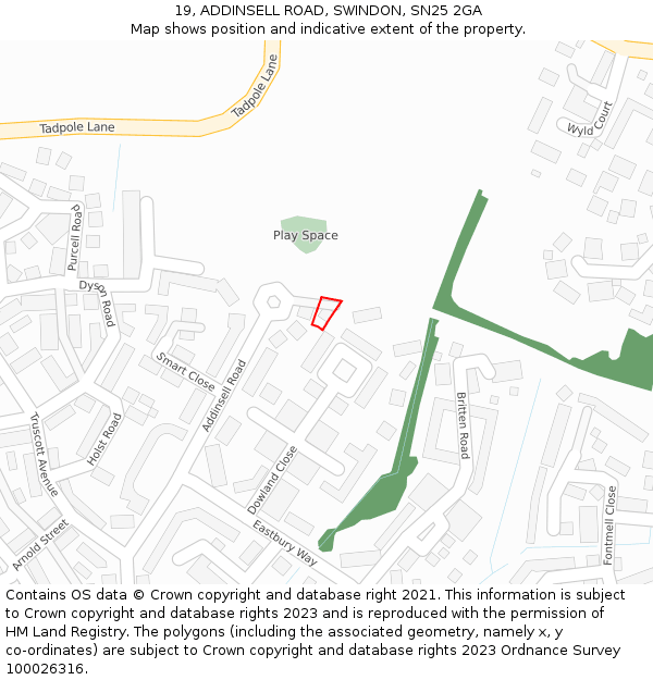 19, ADDINSELL ROAD, SWINDON, SN25 2GA: Location map and indicative extent of plot
