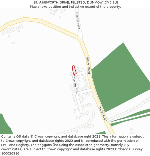 19, AINSWORTH DRIVE, FELSTED, DUNMOW, CM6 3UJ: Location map and indicative extent of plot