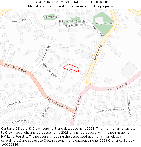 19, ALDERGROVE CLOSE, HALESWORTH, IP19 8TB: Location map and indicative extent of plot