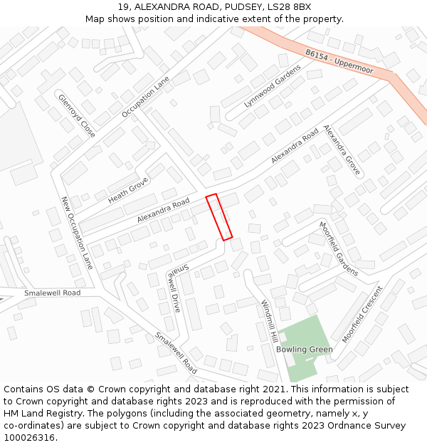 19, ALEXANDRA ROAD, PUDSEY, LS28 8BX: Location map and indicative extent of plot