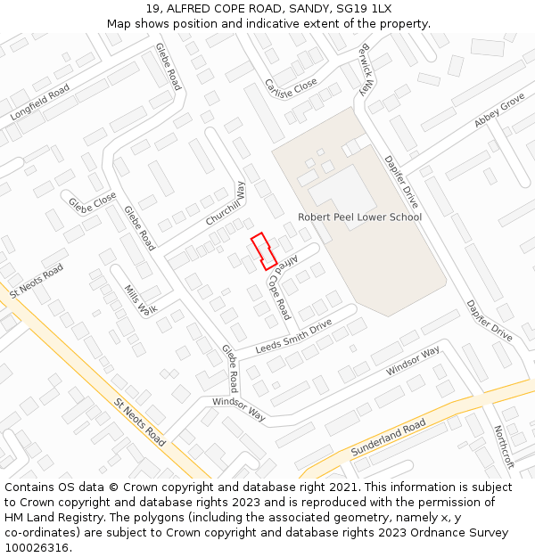 19, ALFRED COPE ROAD, SANDY, SG19 1LX: Location map and indicative extent of plot