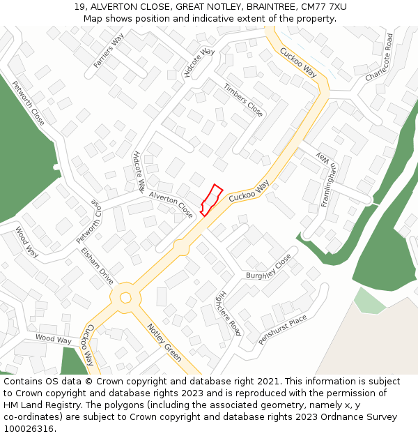 19, ALVERTON CLOSE, GREAT NOTLEY, BRAINTREE, CM77 7XU: Location map and indicative extent of plot