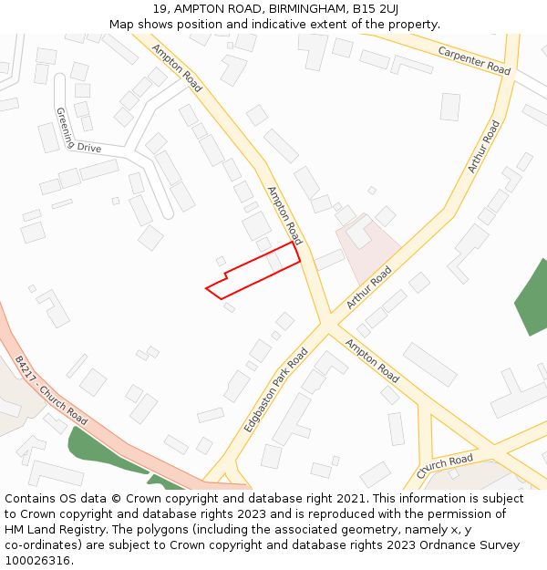 19, AMPTON ROAD, BIRMINGHAM, B15 2UJ: Location map and indicative extent of plot