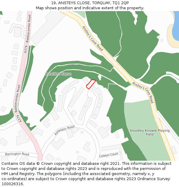 19, ANSTEYS CLOSE, TORQUAY, TQ1 2QP: Location map and indicative extent of plot