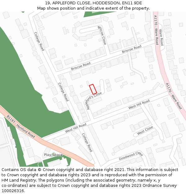 19, APPLEFORD CLOSE, HODDESDON, EN11 9DE: Location map and indicative extent of plot