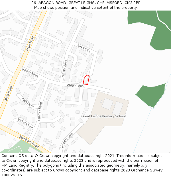 19, ARAGON ROAD, GREAT LEIGHS, CHELMSFORD, CM3 1RP: Location map and indicative extent of plot