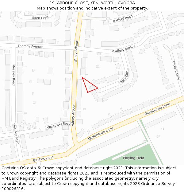 19, ARBOUR CLOSE, KENILWORTH, CV8 2BA: Location map and indicative extent of plot