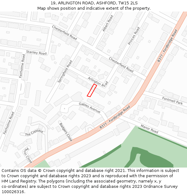 19, ARLINGTON ROAD, ASHFORD, TW15 2LS: Location map and indicative extent of plot