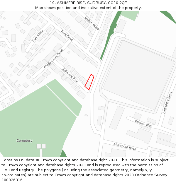 19, ASHMERE RISE, SUDBURY, CO10 2QE: Location map and indicative extent of plot