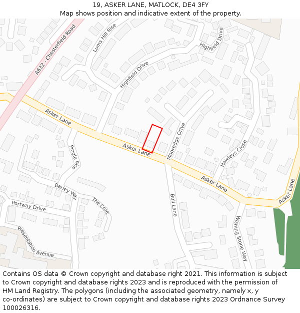 19, ASKER LANE, MATLOCK, DE4 3FY: Location map and indicative extent of plot