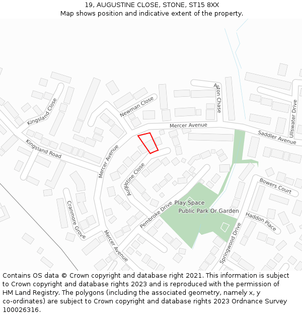 19, AUGUSTINE CLOSE, STONE, ST15 8XX: Location map and indicative extent of plot