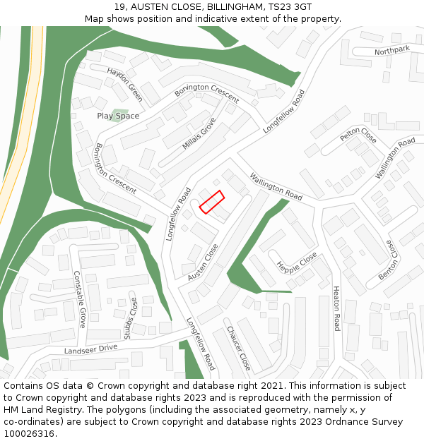 19, AUSTEN CLOSE, BILLINGHAM, TS23 3GT: Location map and indicative extent of plot