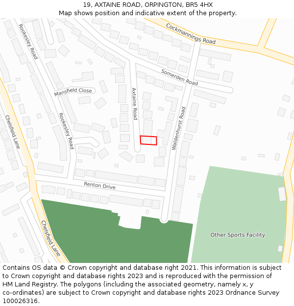 19, AXTAINE ROAD, ORPINGTON, BR5 4HX: Location map and indicative extent of plot