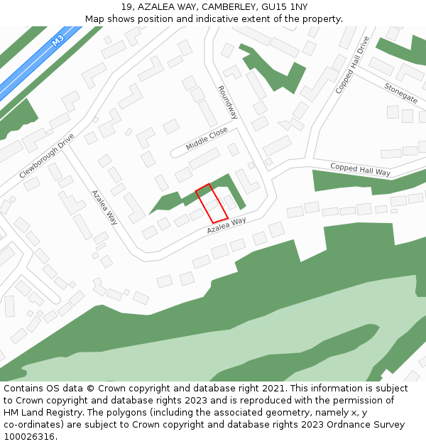 19, AZALEA WAY, CAMBERLEY, GU15 1NY: Location map and indicative extent of plot