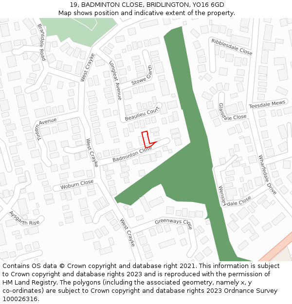 19, BADMINTON CLOSE, BRIDLINGTON, YO16 6GD: Location map and indicative extent of plot