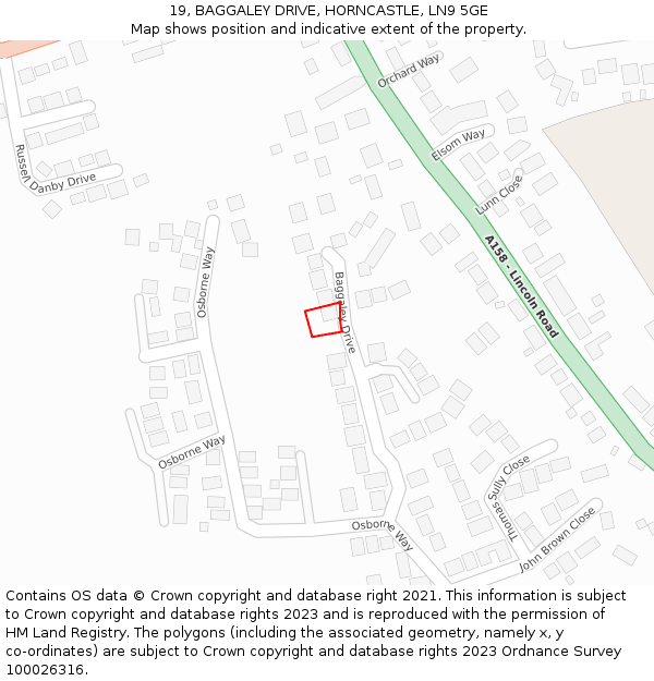 19, BAGGALEY DRIVE, HORNCASTLE, LN9 5GE: Location map and indicative extent of plot