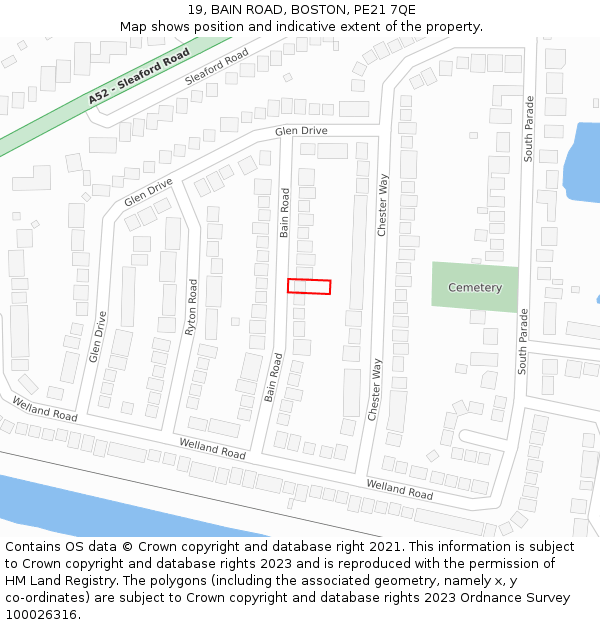 19, BAIN ROAD, BOSTON, PE21 7QE: Location map and indicative extent of plot