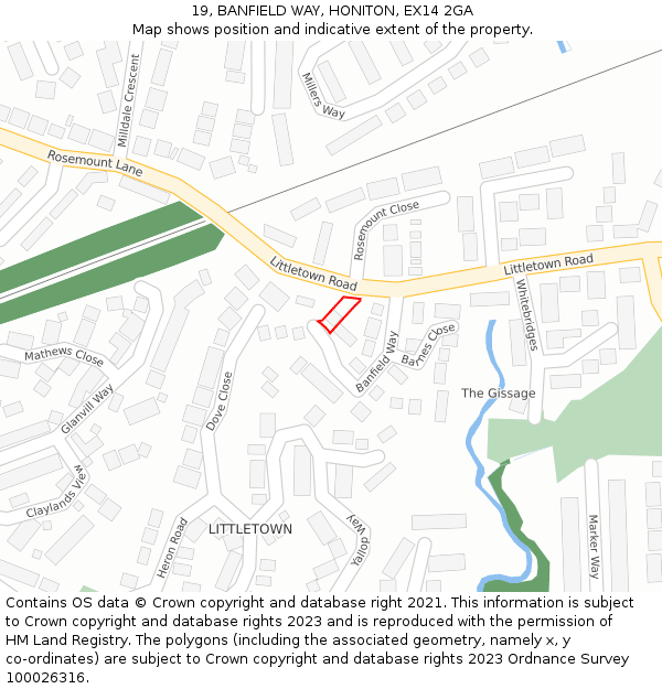 19, BANFIELD WAY, HONITON, EX14 2GA: Location map and indicative extent of plot