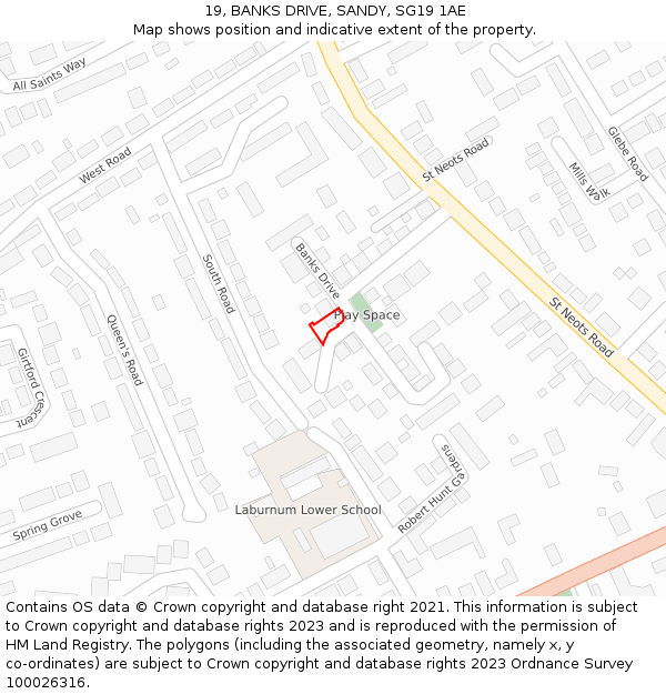 19, BANKS DRIVE, SANDY, SG19 1AE: Location map and indicative extent of plot