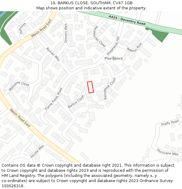 19, BARKUS CLOSE, SOUTHAM, CV47 1GB: Location map and indicative extent of plot