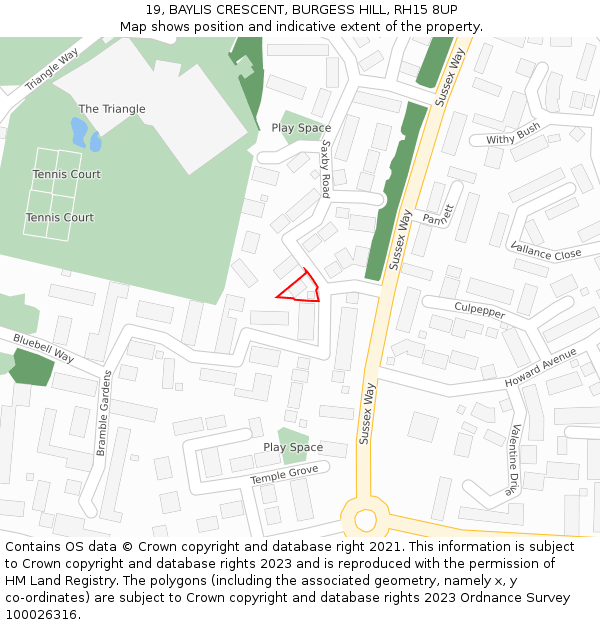 19, BAYLIS CRESCENT, BURGESS HILL, RH15 8UP: Location map and indicative extent of plot