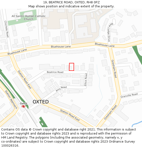 19, BEATRICE ROAD, OXTED, RH8 0PZ: Location map and indicative extent of plot