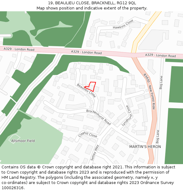 19, BEAULIEU CLOSE, BRACKNELL, RG12 9QL: Location map and indicative extent of plot