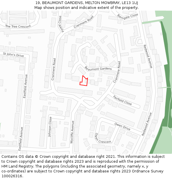 19, BEAUMONT GARDENS, MELTON MOWBRAY, LE13 1UJ: Location map and indicative extent of plot