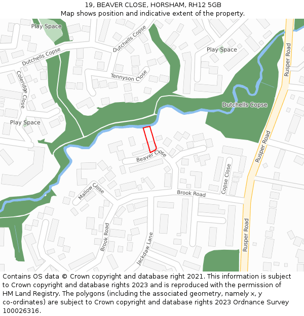 19, BEAVER CLOSE, HORSHAM, RH12 5GB: Location map and indicative extent of plot