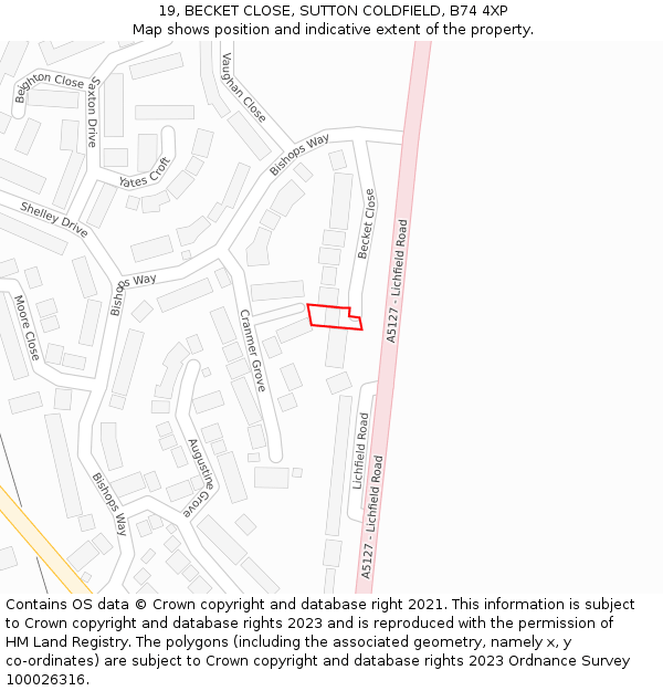 19, BECKET CLOSE, SUTTON COLDFIELD, B74 4XP: Location map and indicative extent of plot