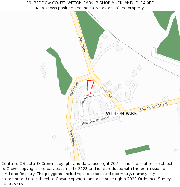 19, BEDDOW COURT, WITTON PARK, BISHOP AUCKLAND, DL14 0ED: Location map and indicative extent of plot