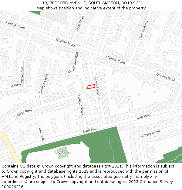 19, BEDFORD AVENUE, SOUTHAMPTON, SO19 9GF: Location map and indicative extent of plot