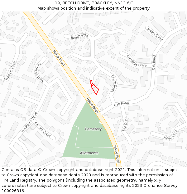 19, BEECH DRIVE, BRACKLEY, NN13 6JG: Location map and indicative extent of plot